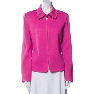St. John Zip Santana Knit Blazer Cardigan Embellished Contrast Pink Black 10